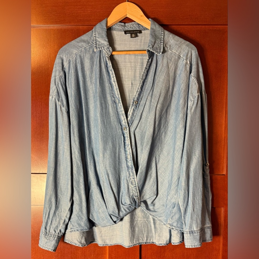 Saks Fifth Avenue Light Wash Silky Denim Cross-Over Top